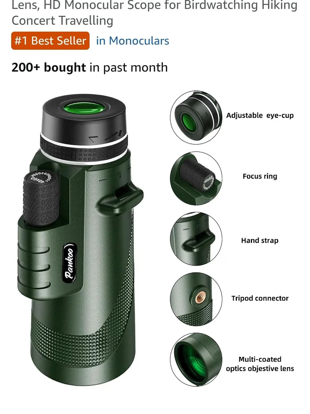 Black HD Monocular Telescope for Birdwatching & Hiking